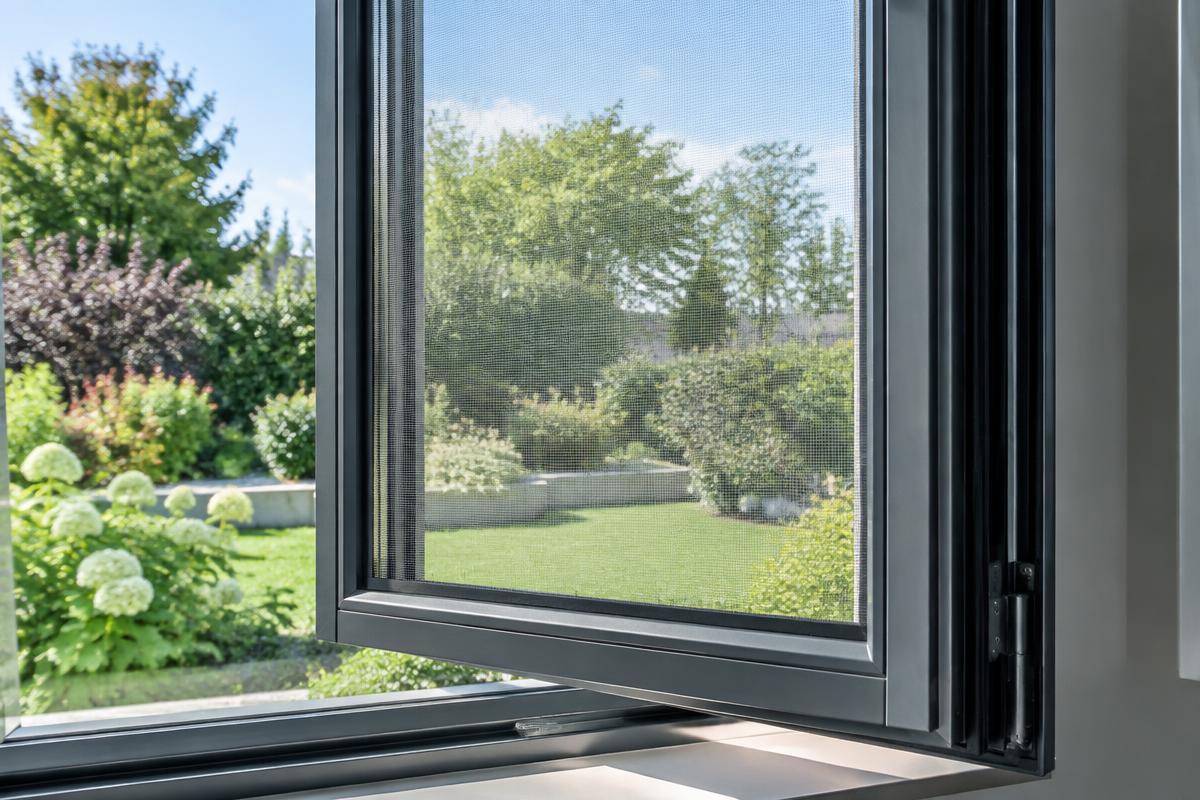 Geöffnetes Fenster mit Insektenschutzgitter
